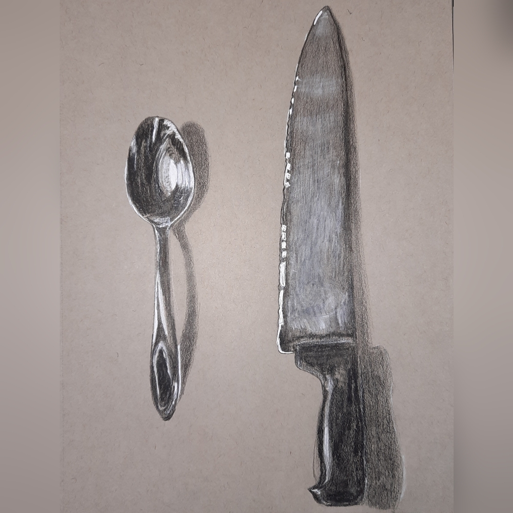 3D Spoon And Steak Knife Sketch Print 5x7